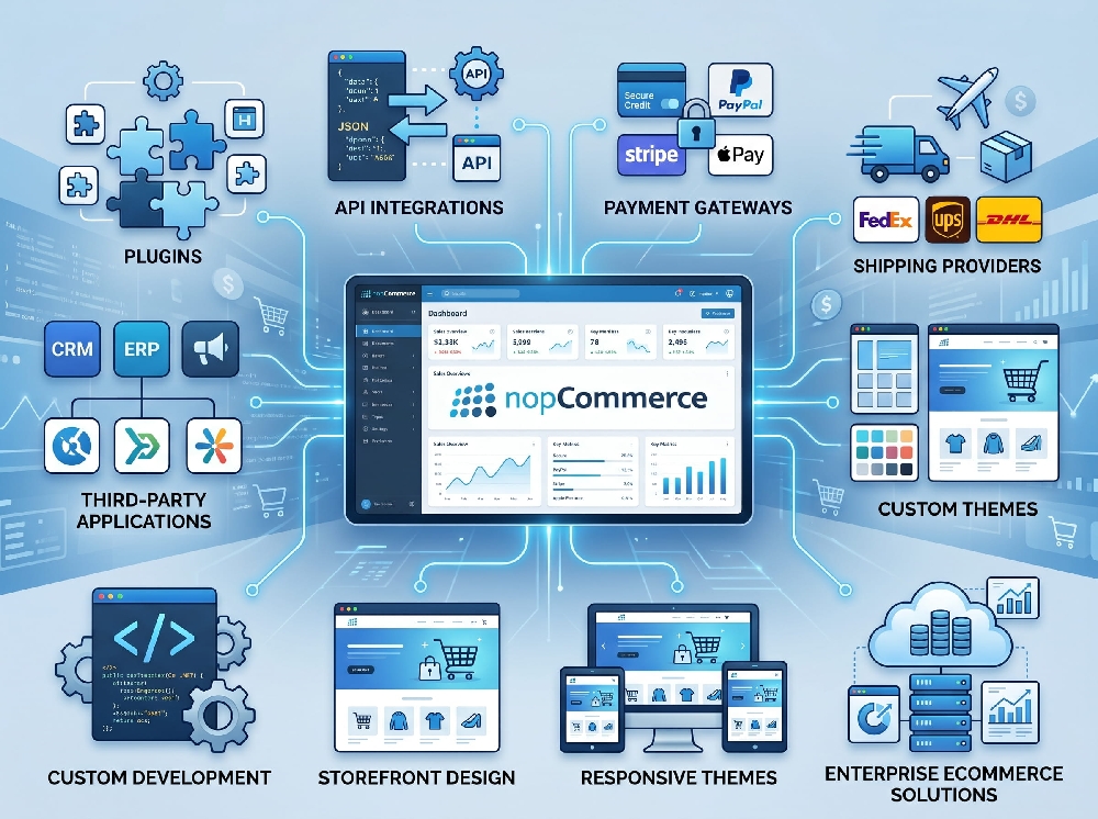 nopCommerce development services including custom plugins, themes, API integrations, and eCommerce solutions